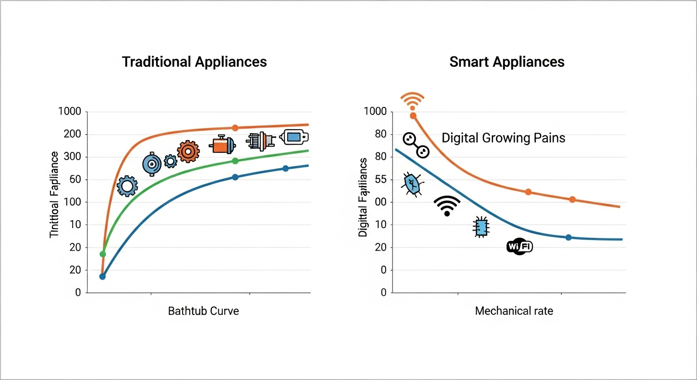 A graph showing the different failure rate curves, with smart appliances failing early and traditional appliances failing later in their lifespan.