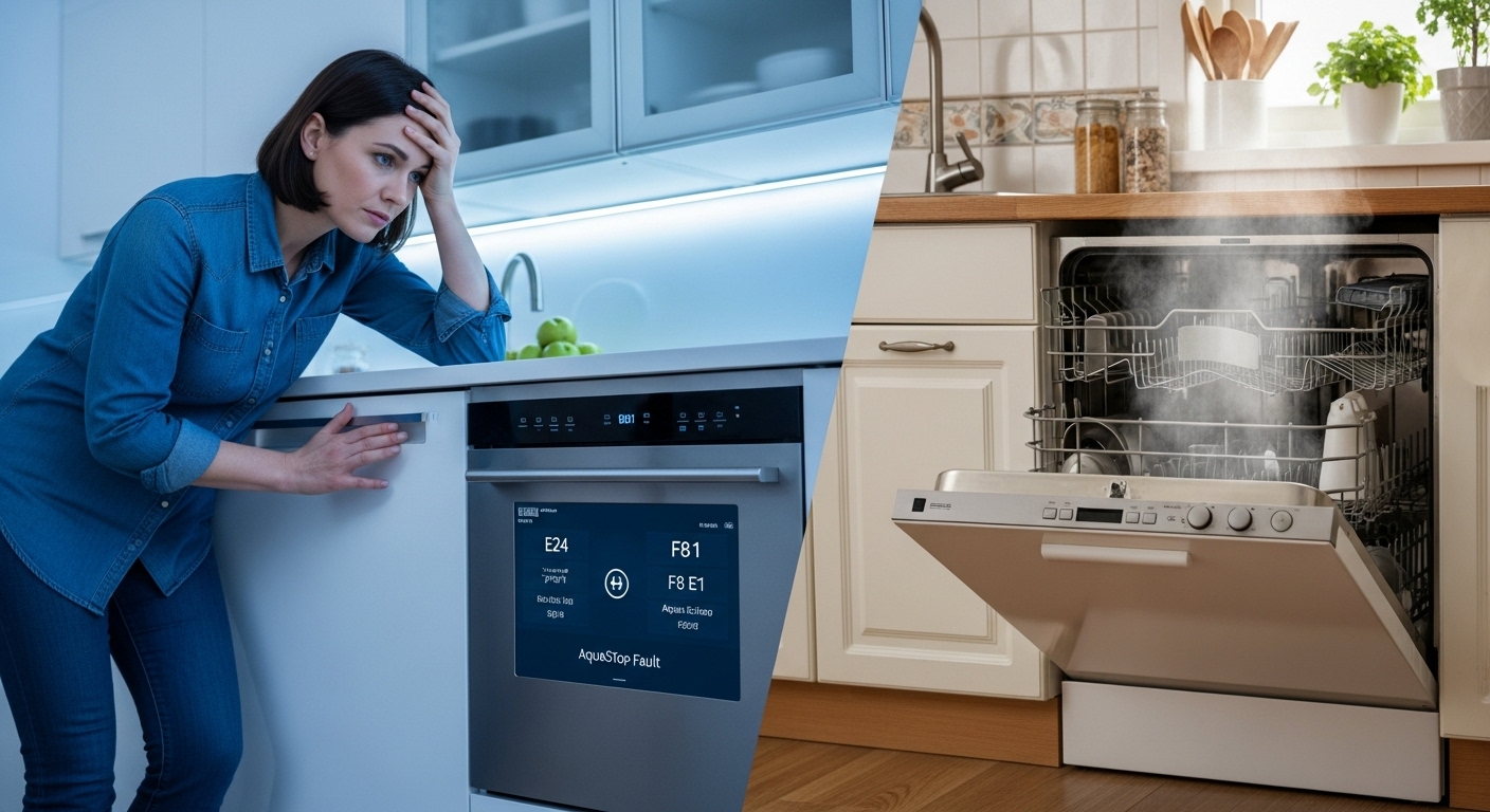 A split image showing a frustrated person with a glitching smart appliance versus a happy person with a reliable traditional appliance.