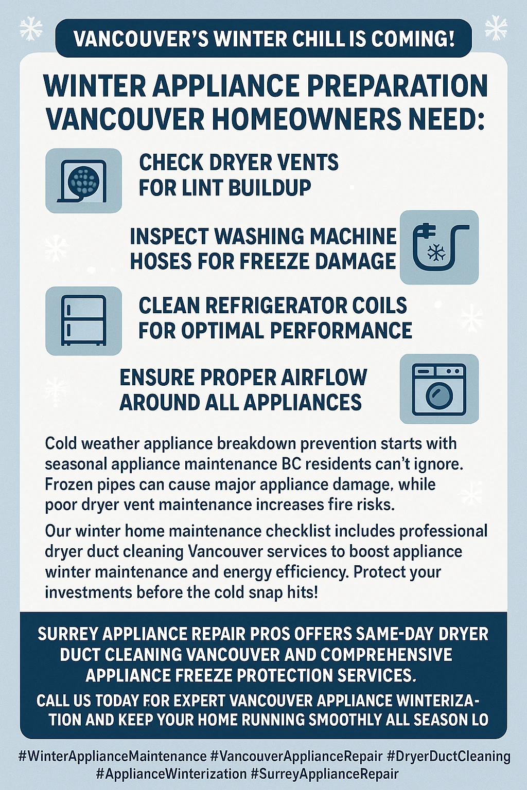 Infographic summarizing key takeaways for winter appliance preparation in Vancouver