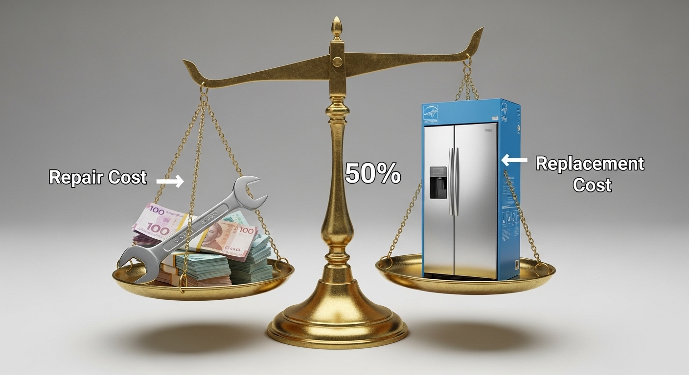 A scale balancing the cost of appliance repair versus replacement