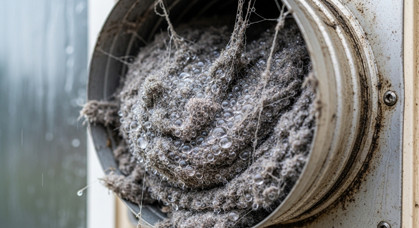 Clogged dryer vent filled with lint, a fire hazard in humid conditions