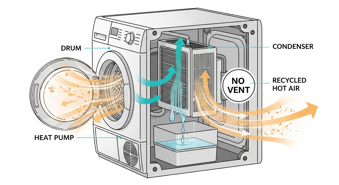 Diagram showing how a heat pump dryer's ventless technology works.