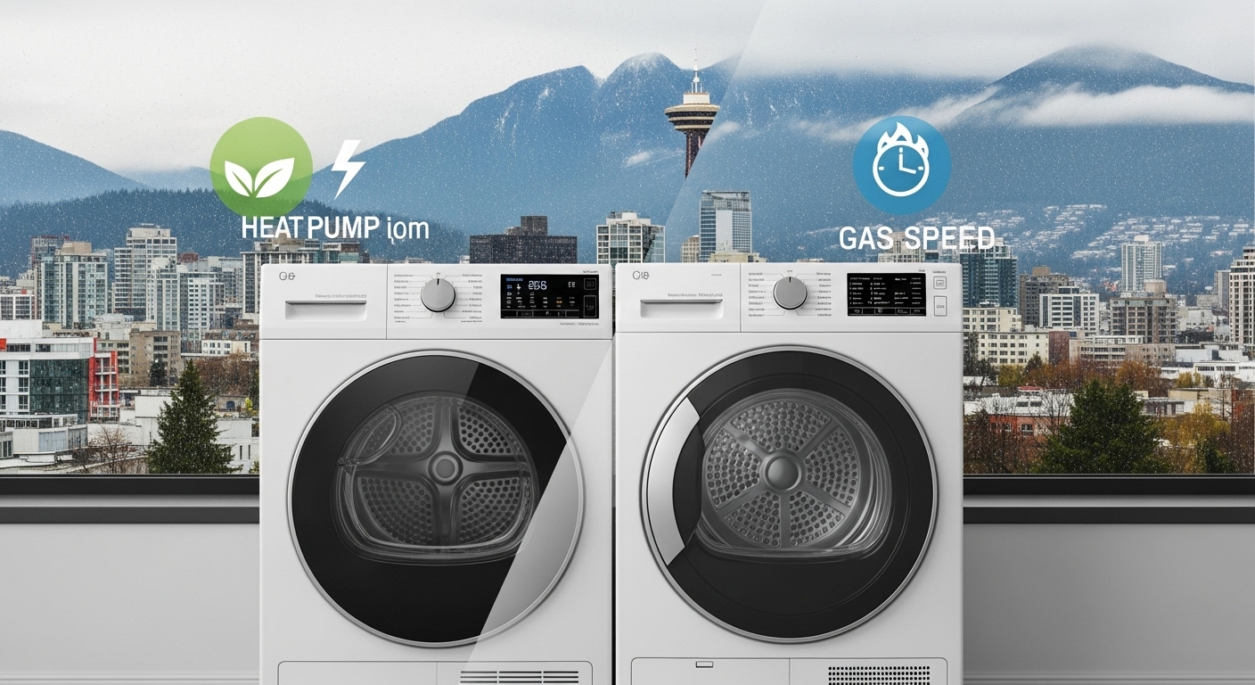 Side-by-side view of a modern heat pump dryer and a traditional gas dryer.