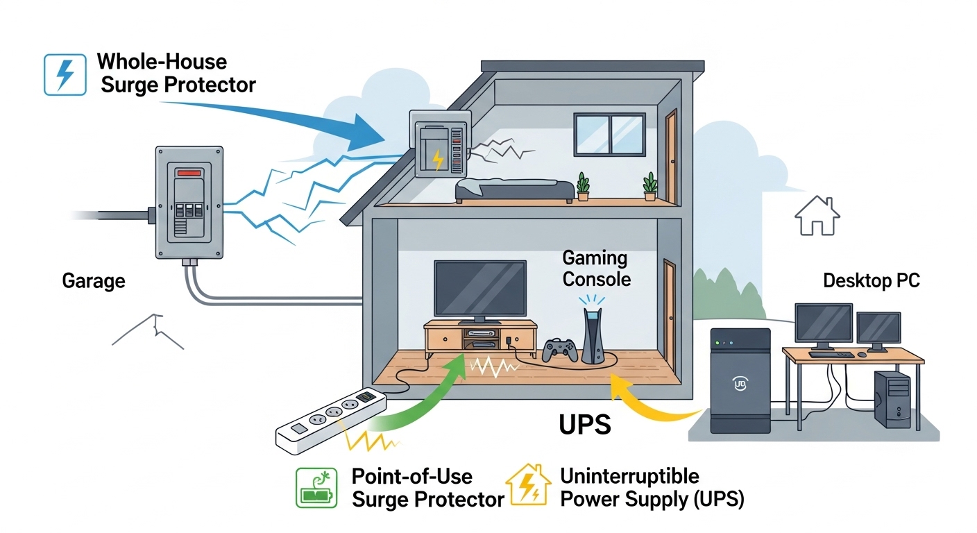 Diagram showing the different layers of home surge protection, from whole-house protectors to point-of-use strips.