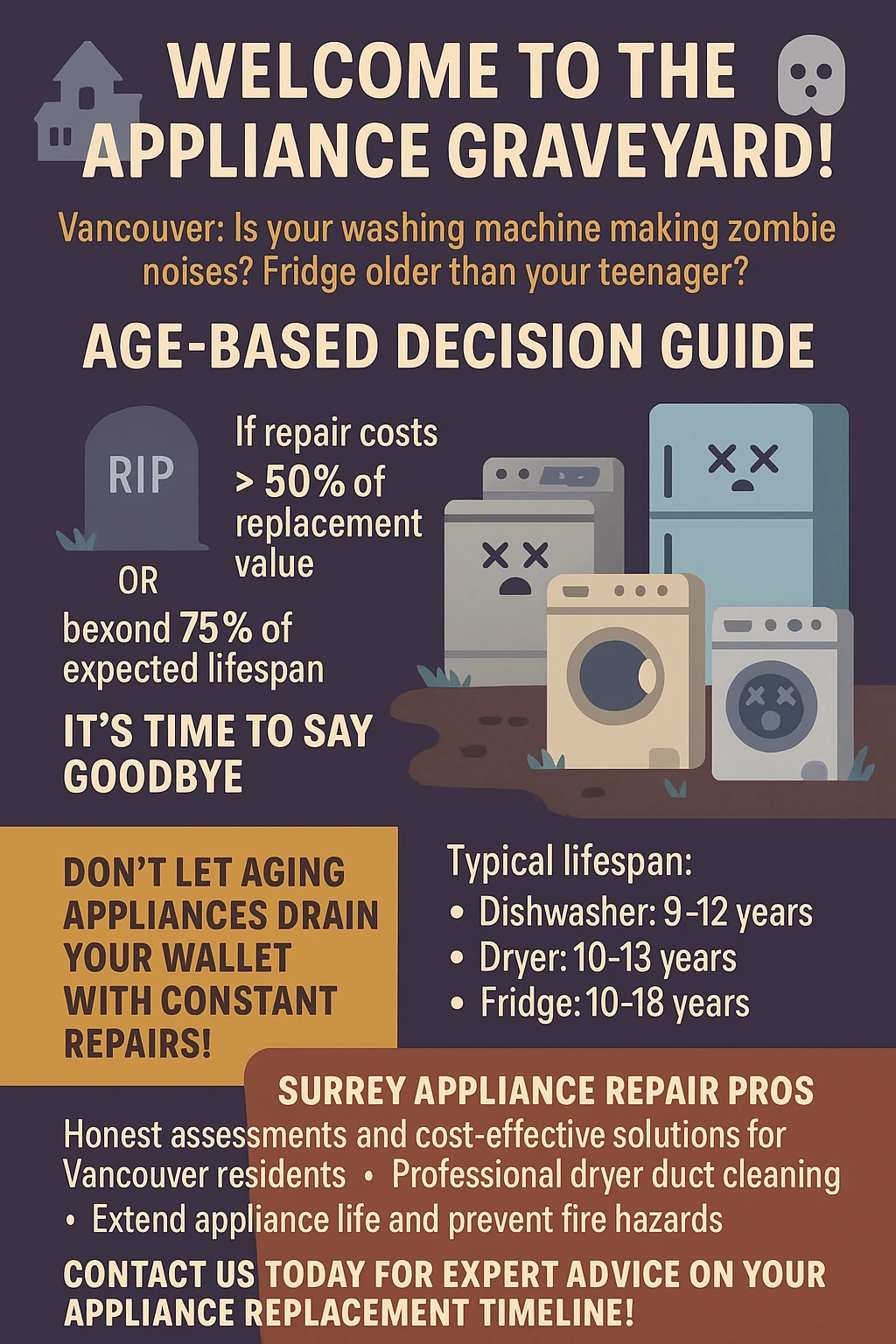 Infographic summarizing key takeaways for when to repair or replace appliances in Vancouver