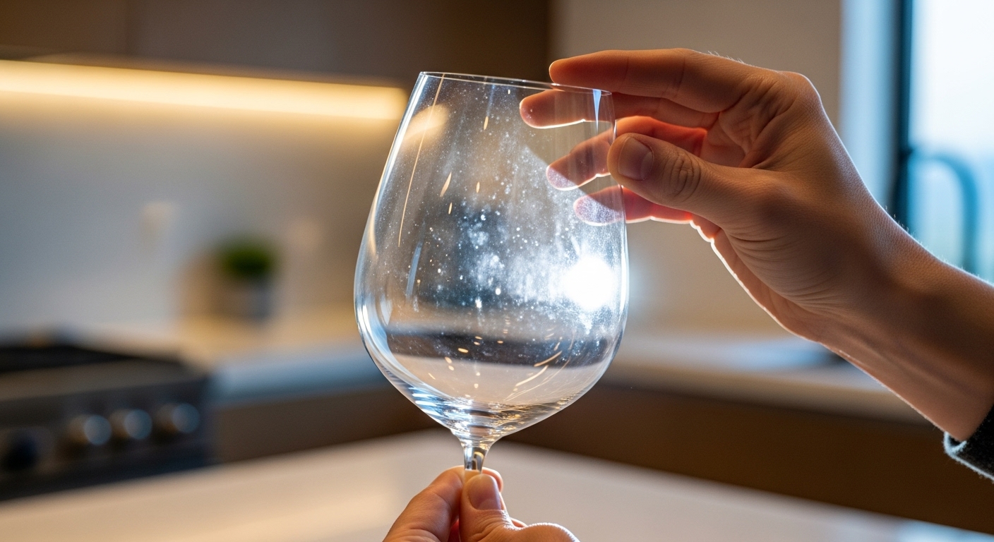 A person holding a wine glass up to the light, revealing subtle mineral spots.