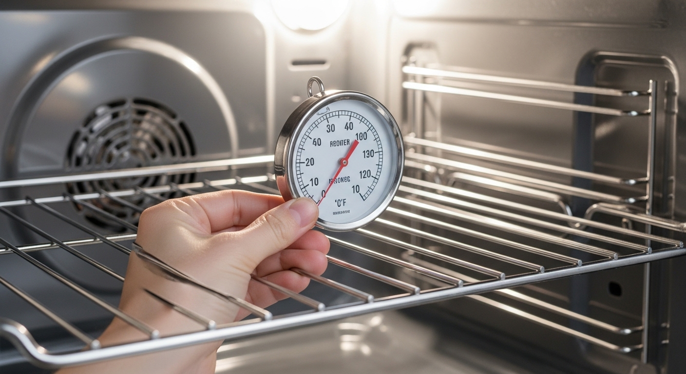 A person testing an oven's temperature accuracy with a professional oven thermometer