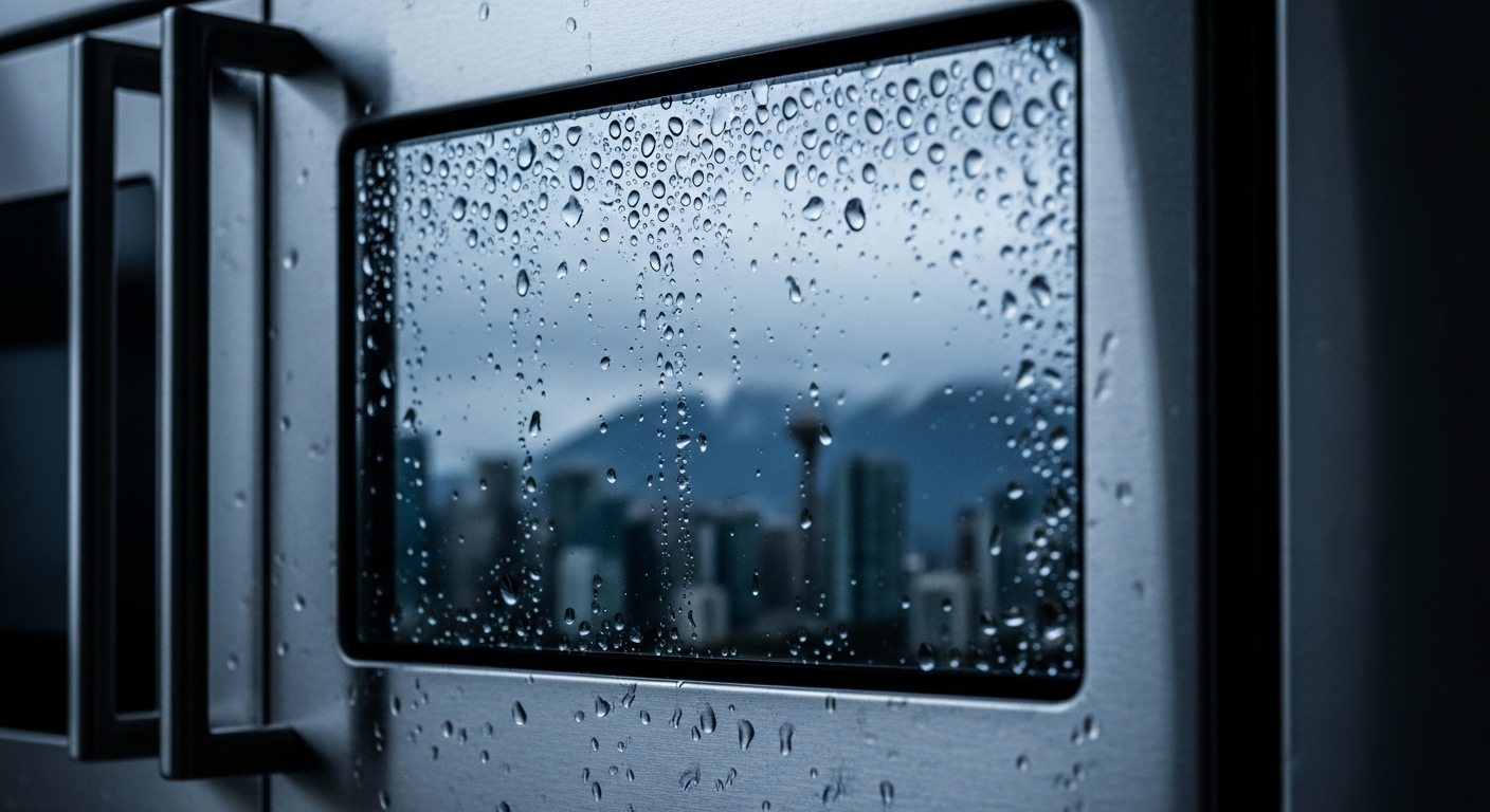 View of Vancouver skyline with text overlay about climate affecting home appliances