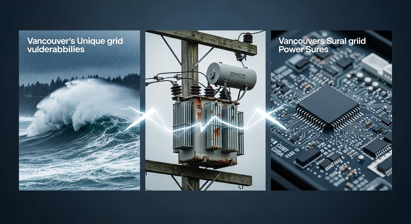 Image of Vancouver's electrical grid with storm clouds gathering, symbolizing power outage challenges.