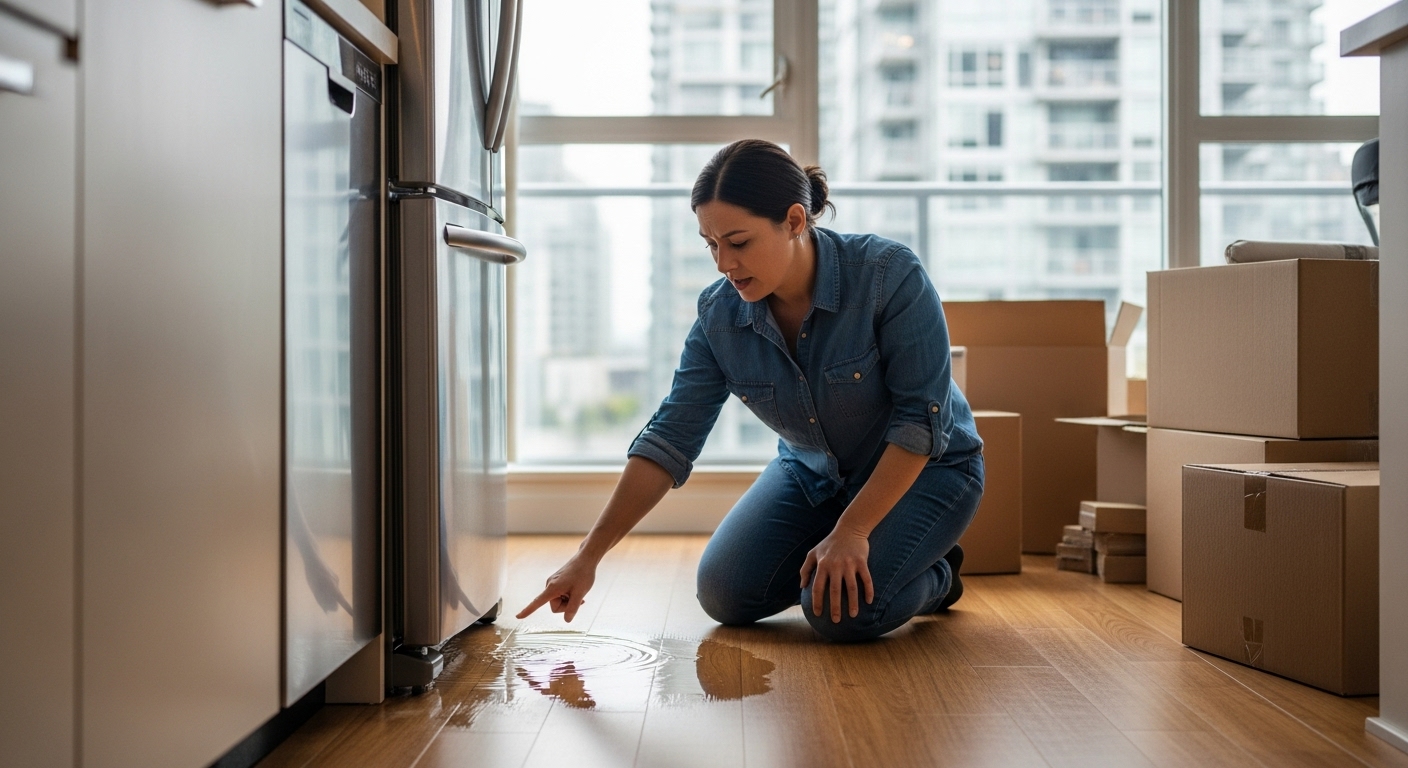 Vancouver homeowner discovers water damage from a leaky refrigerator behind kitchen island