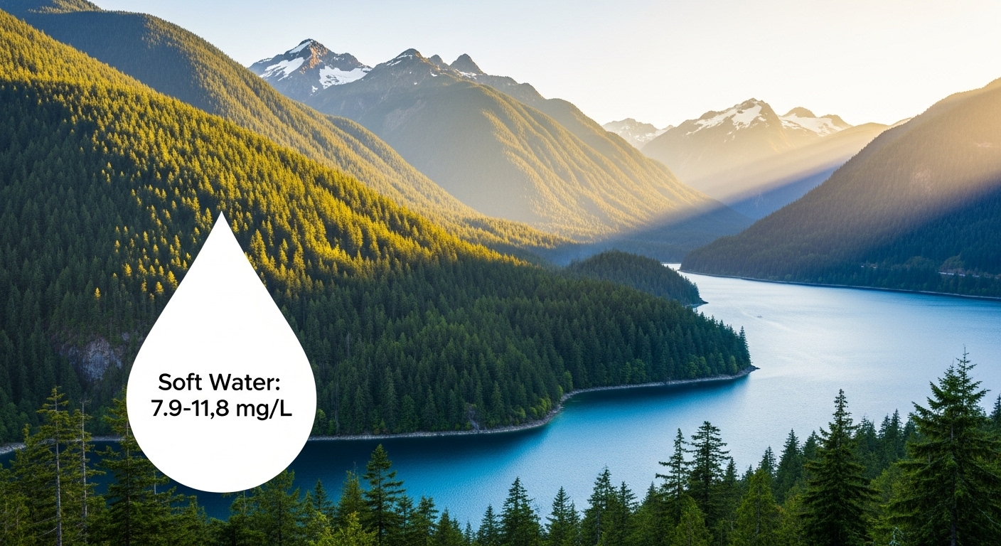 A serene mountain lake reflecting the forested hills, representing Vancouver's watershed.