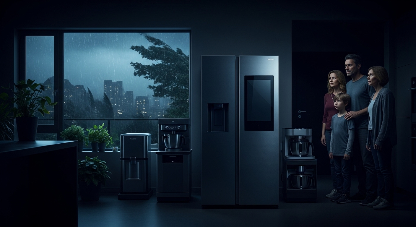A collection of modern home appliances with electrical damage symbols overlaid, representing power outage risks in Vancouver.