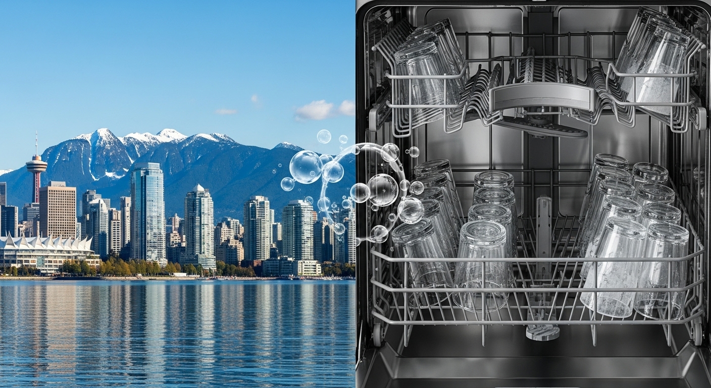 Vancouver skyline with overlay illustrating the impact of water quality on home appliances.
