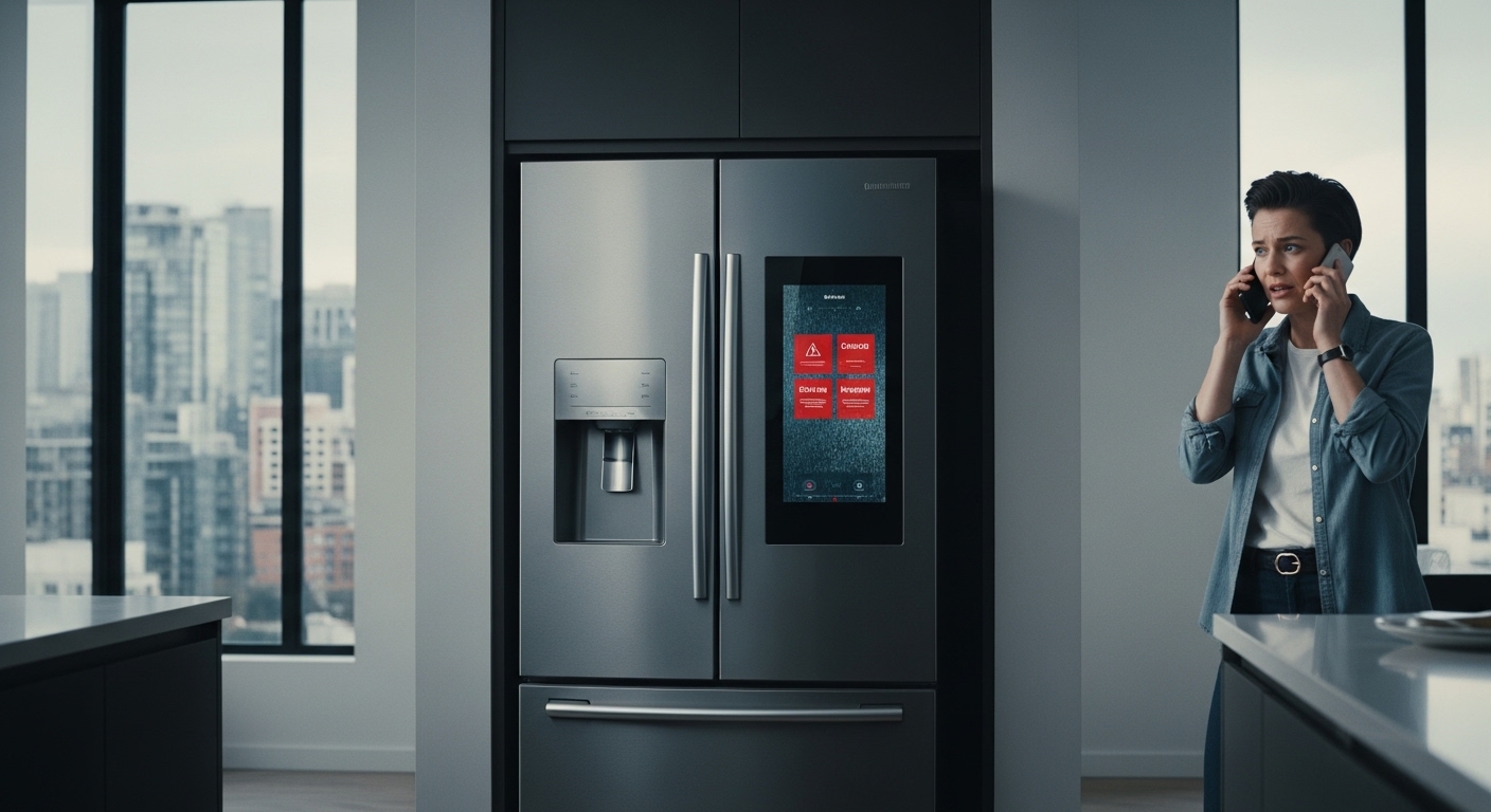 A frustrated homeowner looks at their broken smart refrigerator in a modern kitchen.