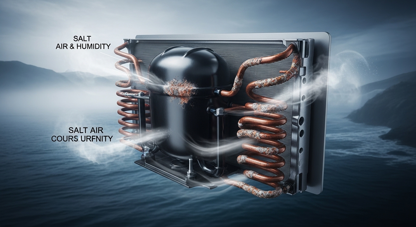 Close-up of rust and corrosion on an appliance's metal components due to salt air