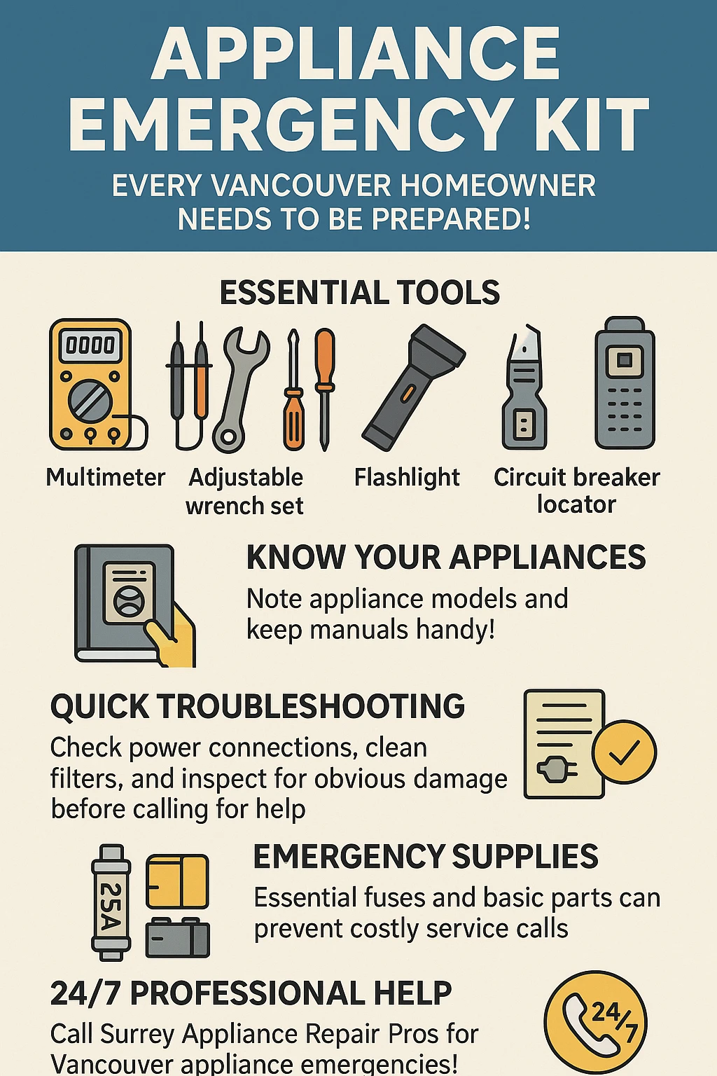 Infographic summarizing key takeaways for a Vancouver appliance emergency kit