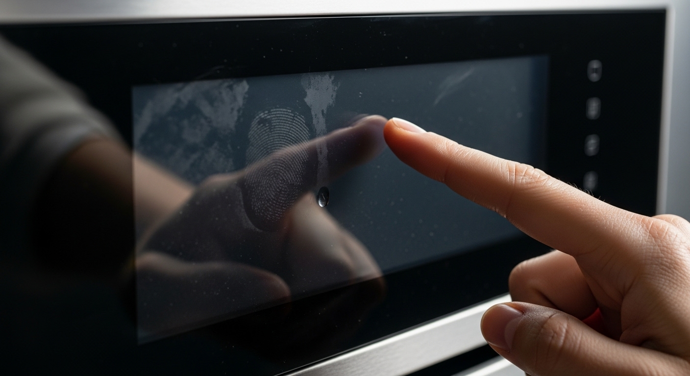 Close-up photo of a cracked and unresponsive touchscreen on a modern appliance.