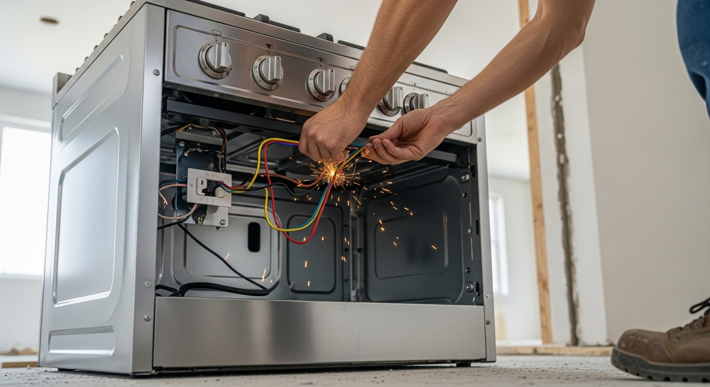 A technician examining a faulty appliance installation that could lead to a voided warranty.