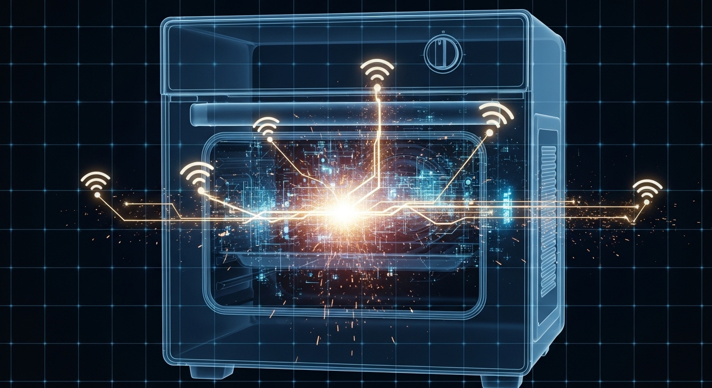 Illustration of a smart appliance with error symbols indicating connectivity failure.