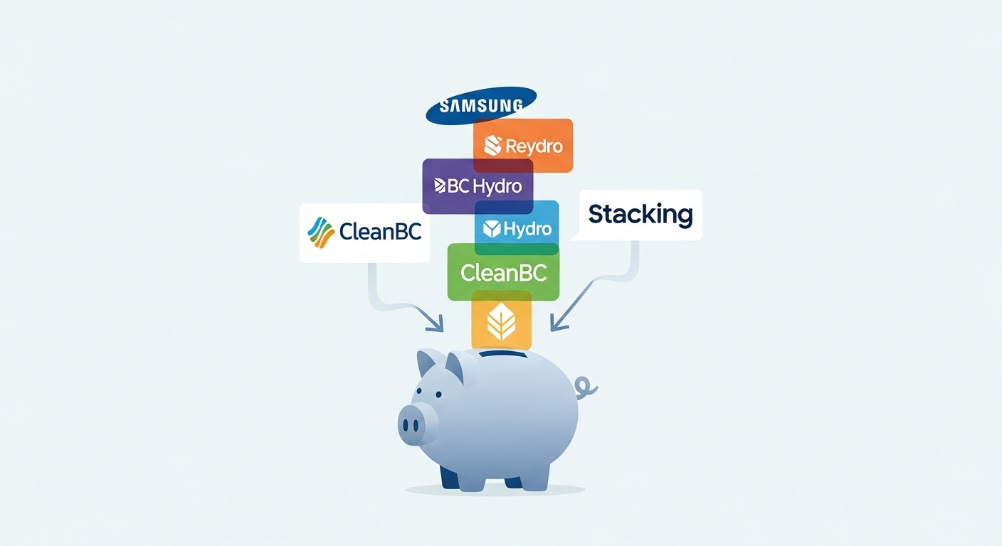 Illustration of stacking multiple appliance rebates in British Columbia.