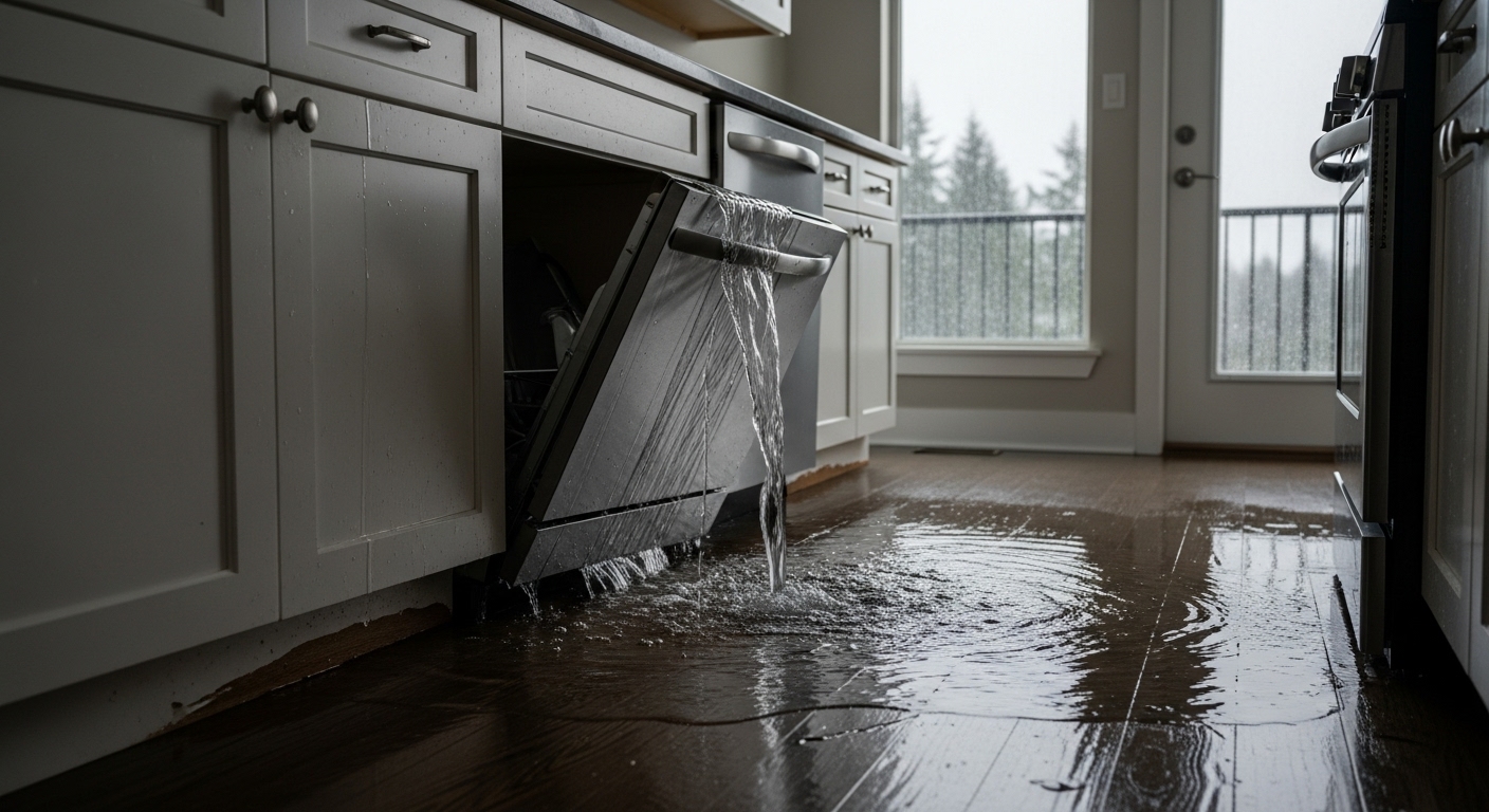 Kitchen water damage from a dishwasher in Vancouver