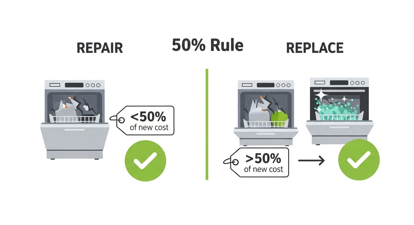 A graphic explaining the 50 percent rule for appliance repair versus replacement decisions.