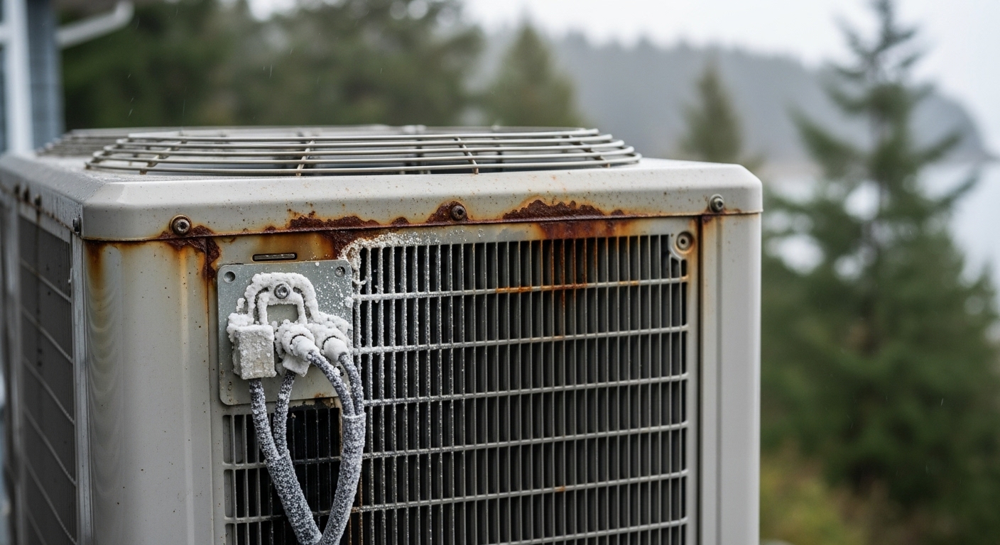 Severe coastal corrosion and rust on an outdoor heat pump unit in Vancouver due to salt air exposure.