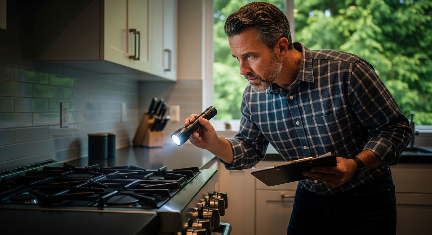 Technician performing a home appliance inspection in a Surrey home.