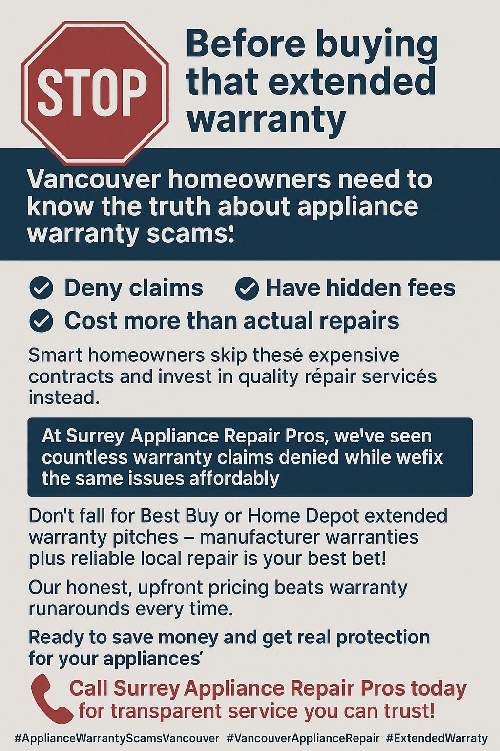Infographic summarizing key facts about appliance extended warranty scams in Vancouver.