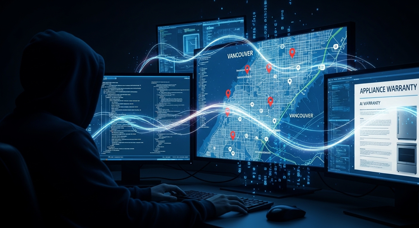 Illustration showing how AI technology is used in modern appliance warranty scams.