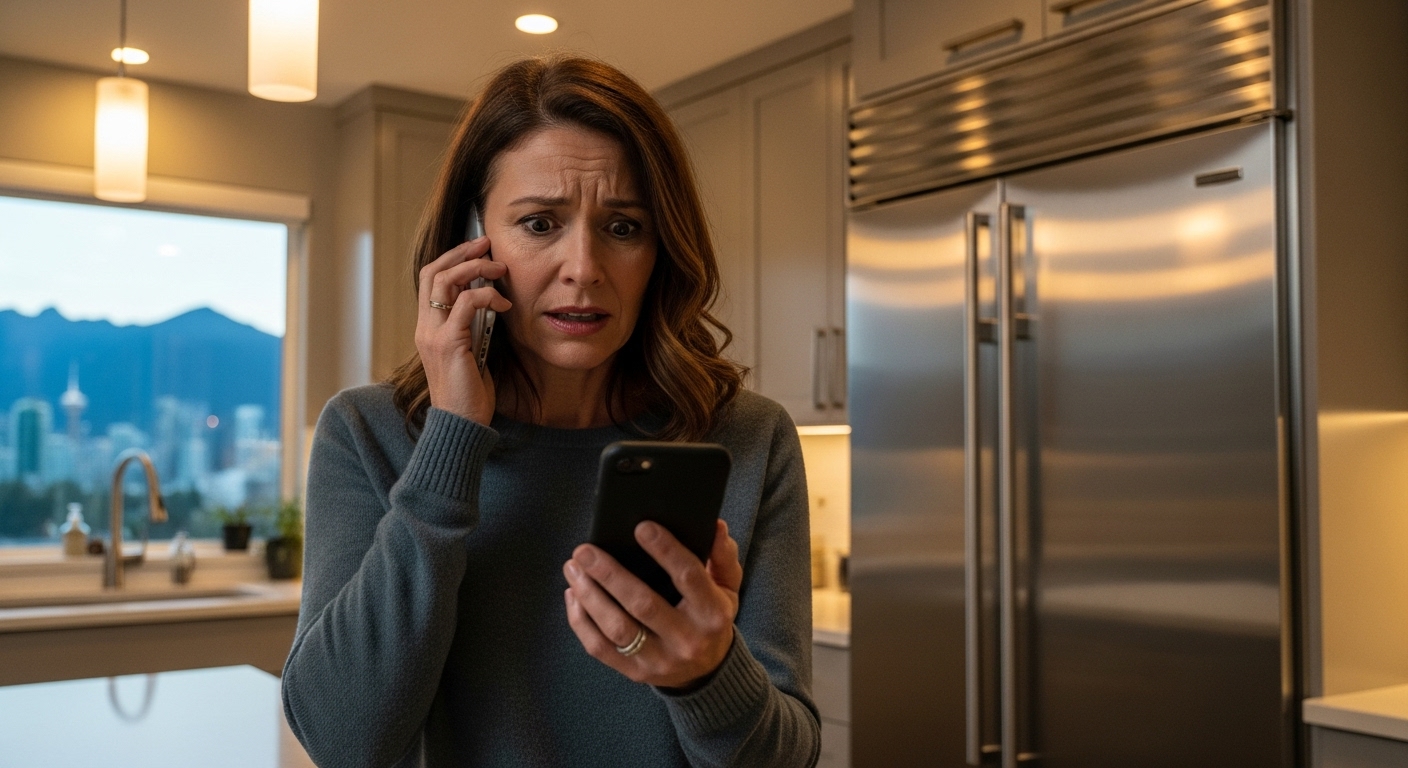 Vancouver homeowner on the phone dealing with a potential appliance warranty scam call.