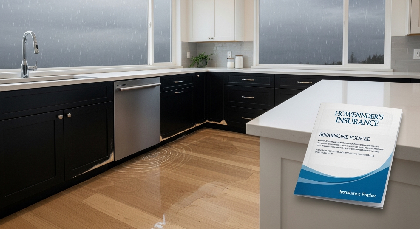Water damage on kitchen floor and cabinets caused by a leaking dishwasher in a Vancouver home.