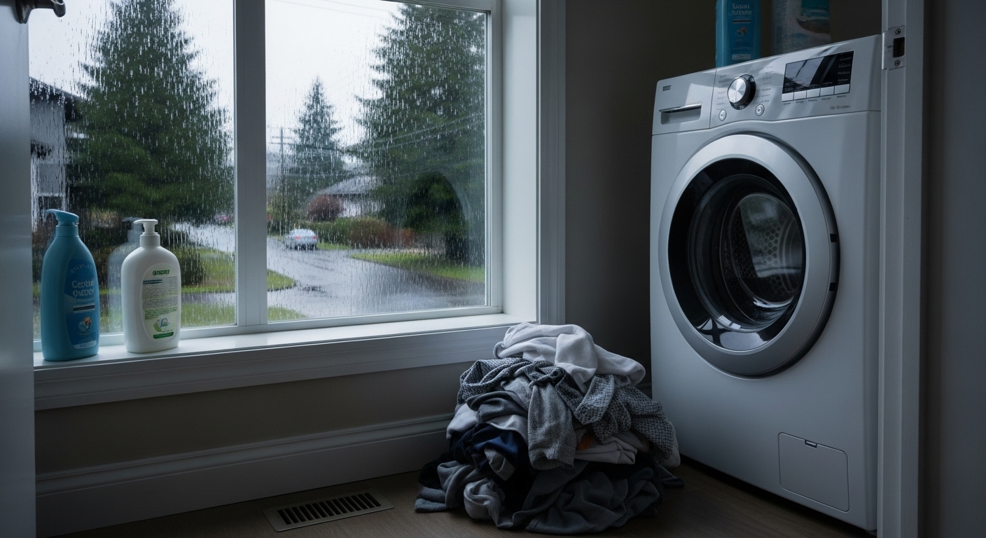 Broken washing machine on a rainy day in Vancouver.