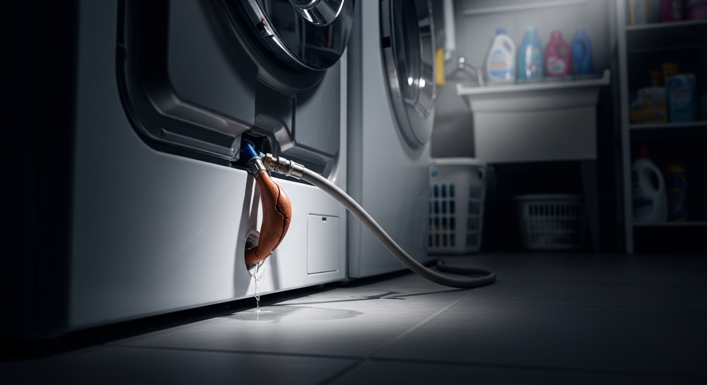 Close-up of a corroded washing machine hose which is a leak risk.